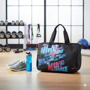 Nike Graphic Logo Canvas Tote Bag Black Pink Blue Zip Top Gym Travel